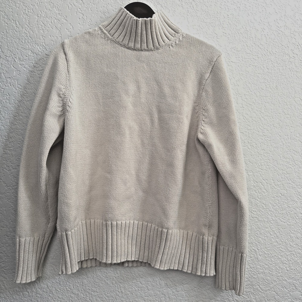 J Crew Women Cotton Turtleneck Sweater Cream Ribbed Knit Chunky BV362 Slouchy L